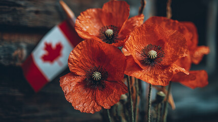 Poppies bloom vividly beside a flag, a poignant symbol of remembrance and national pride, displayed on a rustic wooden surface.