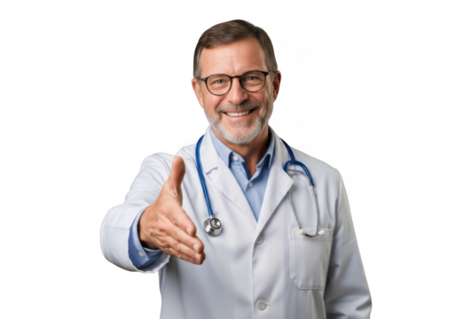 Smiling doctor offering handshake isolated on transparent background