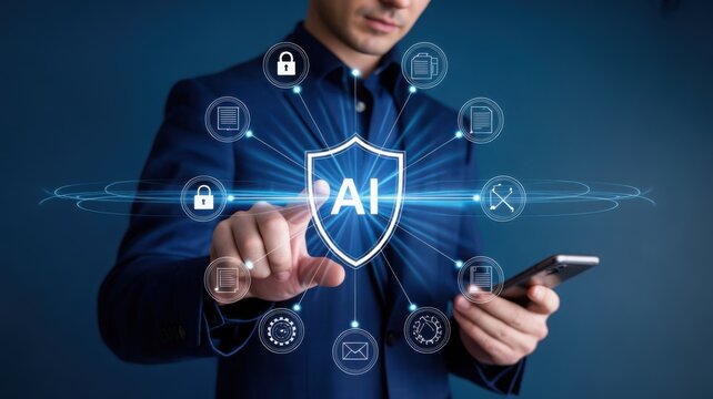 Businessman interacting with AI security system with digital icons representing data protection and cybersecurity