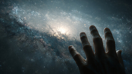 A hand reaching out towards a magnificent view of the Milky Way galaxy, as though trying to touch the stars and cosmic wonders before us.