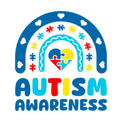 Autism awareness boho rainbow with puzzle heart. Colorful design suitable for posters, campaigns, merchandise, and educational materials supporting inclusion and neurodiversity. Vector illustration.