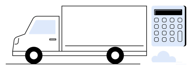 Delivery truck alongside a large calculator, symbolizing logistics, freight calculation, and cost efficiency. Ideal for shipping, budgeting, transportation, business, trade planning and calculation