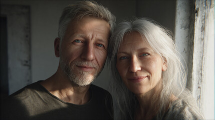 A portrait of an elderly couple gazing serenely towards the camera, conveying a sense of enduring love and companionship