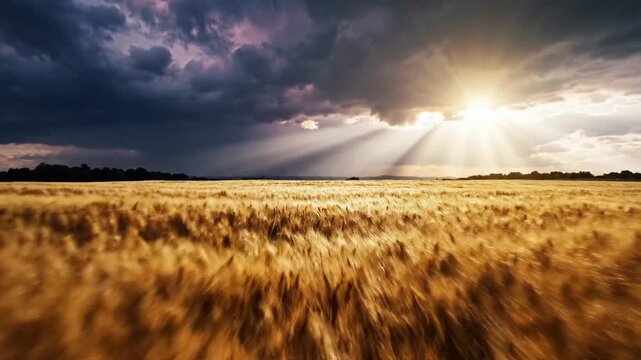 Golden wheat field under dramatic sky