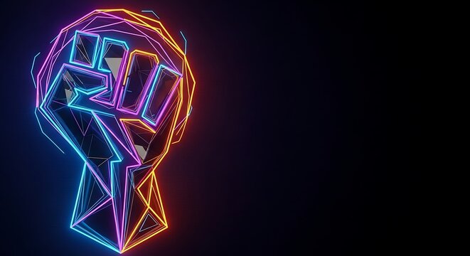 Futuristic glowing fist raised in defiance, modern abstract art promoting power and solidarity, perfect for digital campaigns and social justice movements
