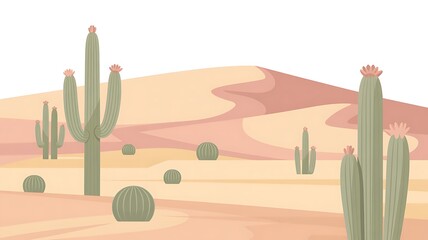 Desert landscape with saguaro cacti and dunes on a sunny day