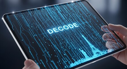 Decoding digital information on a tablet with a futuristic interface displayed