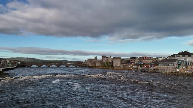 Aerial View of King John&rsquo;s Castle and Stone Bridge Over the River Shannon