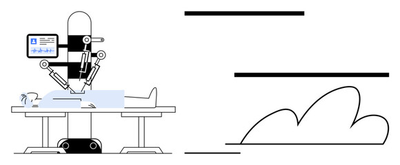 Robotic arm operates on lying patient under computer monitoring. Ideal for healthcare, surgery, robotics, innovation, technology, automation, precise care concepts. Simple flat metaphor