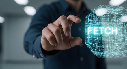 Man interacting with a digital sphere displaying fetch in a futuristic technology concept