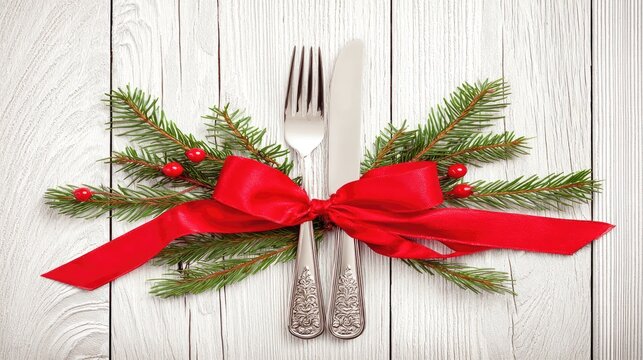 christmas table setting with silverware and a red napkin on a wooden background