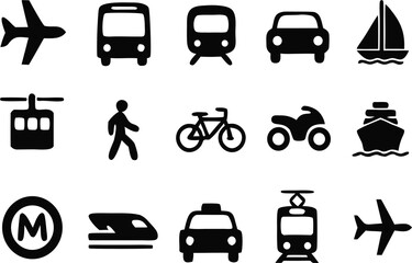 Comprehensive vector pack of transport vehicles, including car, bus, aeroplane, train, bicycle, ship, and motorcycle icons, ideal for travel illustrations and mobility-themed graphics.