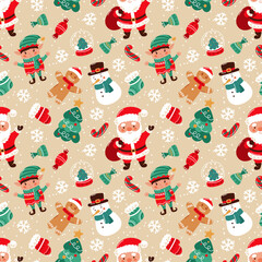 Festive cute New Year and Christmas seamless pattern. Santa Claus and snowman, gingerbread man and elf, Christmas tree. Design for wrapping paper and textiles. Vector illustration.