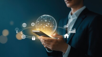 Man holding a smartphone with technology interface, representing smart home concepts and digital world