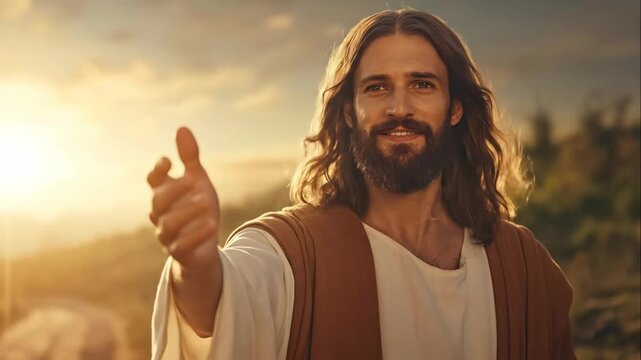 Jesus Christ extends his hand, smiling, healing and forgiveness. Christian background
