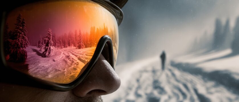 Ski goggles reflecting winter landscape on snowy trail