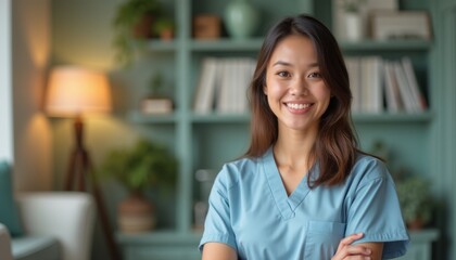 Smiling female nurse in scrubs radiating warmth and professionalism