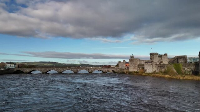Aerial View of King John&rsquo;s Castle and Stone Bridge Over the River Shannon