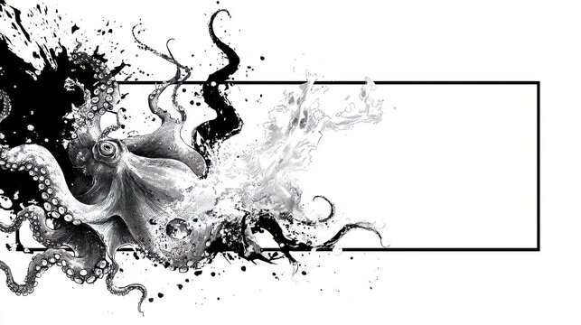 Dynamic Black and White Octopus Ink Splash With Clean Center Space for Text