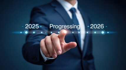 A businessman's finger pointing at Progressing in front of the years 2025 and 2026, representing future plans