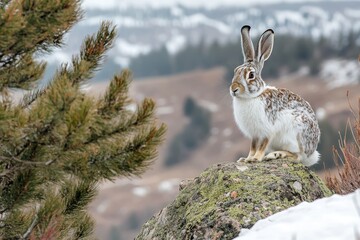 Obraz premium Mountain hare in transitional winter coat sits alertly upon a lichen covered stone.