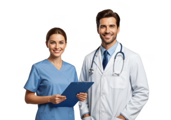 Smiling doctor and nurse with stethoscope and clipboard isolated on transparent background