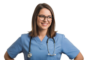 Smiling female doctor wearing blue scrubs and stethoscope isolated on transparent background