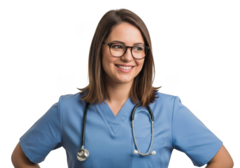 Smiling female doctor wearing blue scrubs and stethoscope isolated on transparent background