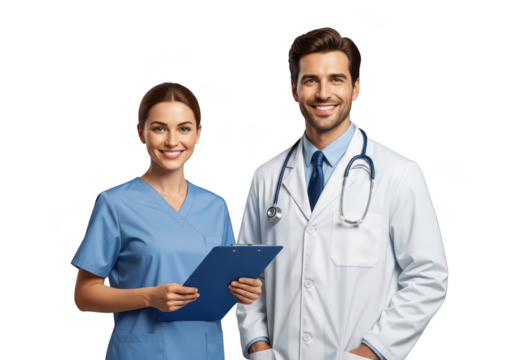 Smiling doctor and nurse with stethoscope and clipboard isolated on transparent background - Powered by Adobe