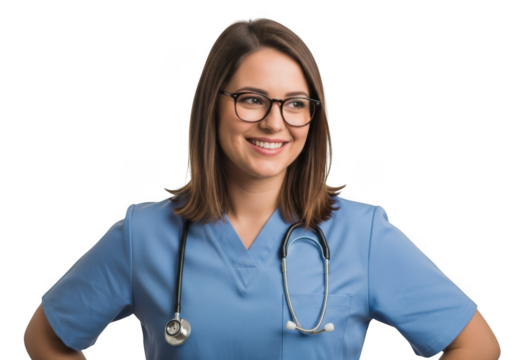 Smiling female doctor wearing blue scrubs and stethoscope isolated on transparent background