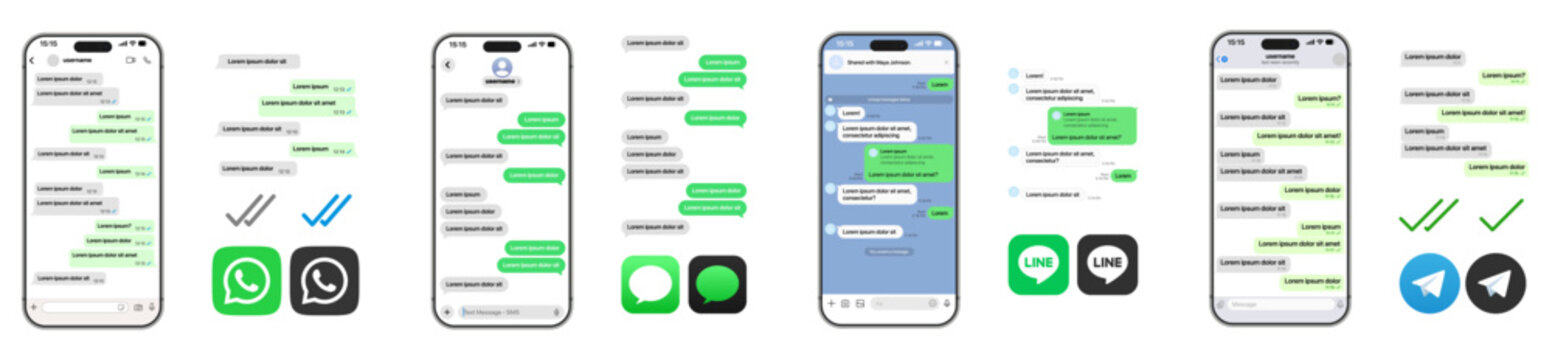 Messaging apps UI showing WhatsApp, Imessage, Line, Telegram with chat bubbles, direct messages, send buttons, and logos in a modern mobile vector illustration