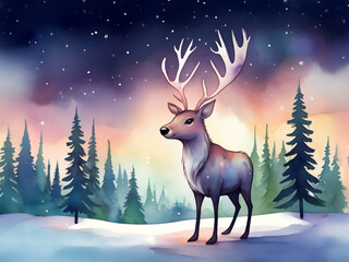 Majestic deer with antlers standing in snowy winter forest at sunset. Ethereal aurora borealis lighting creates magical atmosphere with pine trees and falling snow. Horizontal watercolor illustration