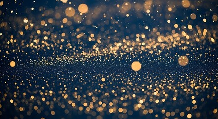 Photo of golden bokeh lights sparkle and shimmer on a dark blue background, creating a festive and magical atmosphere perfect for holiday celebrations and special events