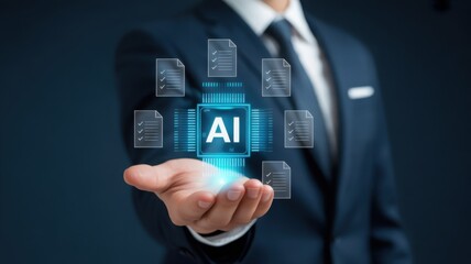 A business person holding AI holographic icon in his hand