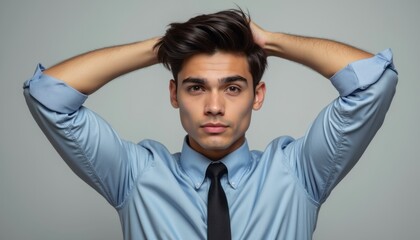 Confident young man with stylish hair and a blue shirt