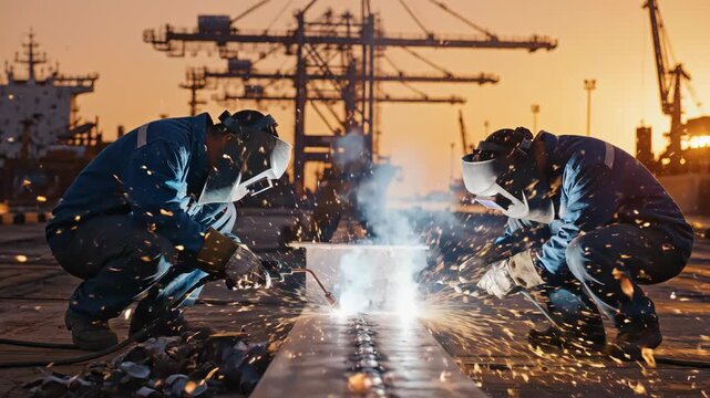 Two industrial welders working on a metal beam at a shipyard during sunset, sparks flying.