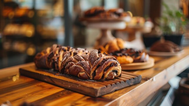 Freshly baked chocolate croissant bread on a wooden board in a cozy bakery setting. Various pastries are displayed in the background.