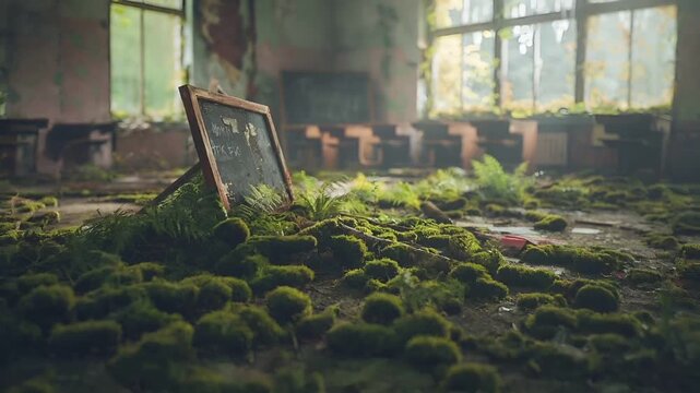 Destroyed ruins abandoned buildings apocalypse scene of city. Aerial view of a dilapidated classroom with mosscovered ferns and a chalkboard in the foreground.
