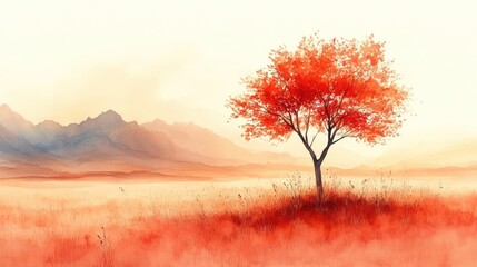 Solitary red tree, autumnal meadow, misty mountains, sunrise tranquility