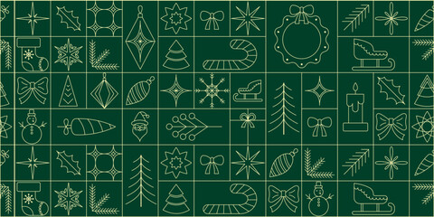 Elegant geometric Christmas and New Year seamless pattern background in modern line style. Minimalist gold holiday icons create a luxurious design perfect for banners, cards, covers and posters