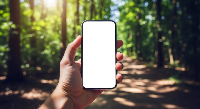 Hand Holding Smartphone Mockup in Green Forest Environment