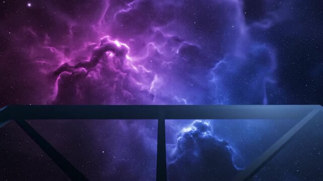Transparent pyramid structure in swirling purple nebula. Futuristic cosmic architecture amid blue space clouds. Animated sci-fi footage of interstellar visualization. - Powered by Adobe
