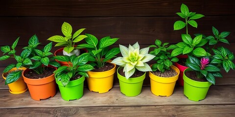 Vibrant green potted plants arranged on rustic wooden surface, view, image