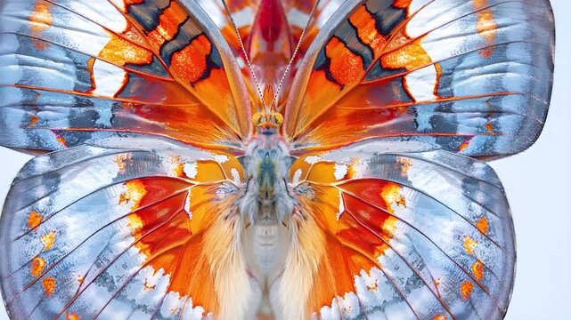 A closeup view of a butterflys wings, showcasing intricate patterns and colors. The butterflys body is predominantly orange with white and black markings. The wings are spread out.
