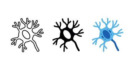 Neuron cell triptych: outline, silhouette, and colored illustration of neural structure