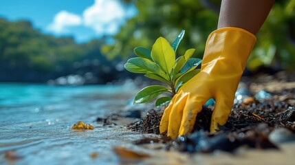 Planting a sapling on tropical beach shore; environmental conservation effort