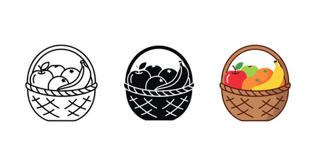 Set of fruit baskets with apples and bananas in color and outline styles