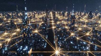 Abstract digital network over cityscape connecting nodes information technology - Powered by Adobe
