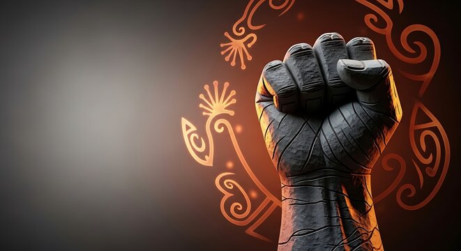 Empowering monument with a raised fist and tribal design radiates strength and justice, perfect for social justice campaigns or powerful branding needs