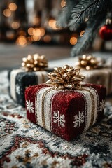 Beautifully wrapped Christmas gift boxes placed on floor near a fir tree, warm indoor holiday scene